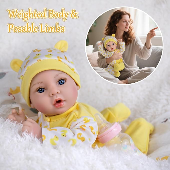 Aori Realistic Reborn Baby Dolls - 18 Inch Lifelike Newborn Girl Doll with Yellow Outfit & Feeding Set, Gift for Girls Kids Toddlers
