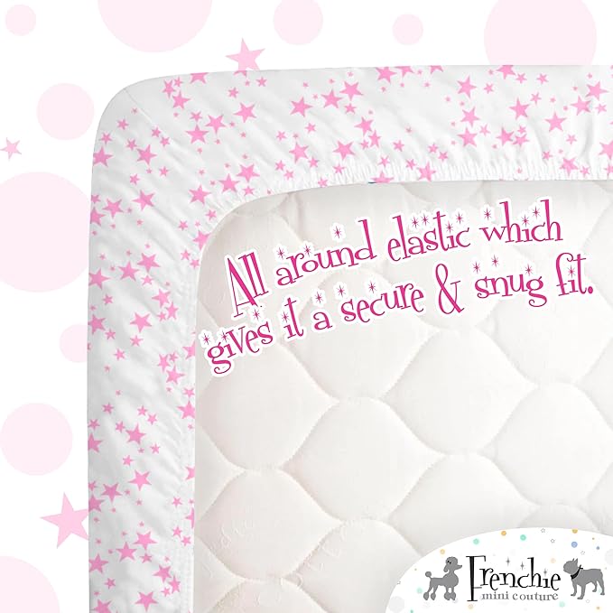 Fitted Crib Sheets 100% Woven Cotton Fits Toddler Mattress, Pink Stars, 28 x 52inx8in, 2-Pack