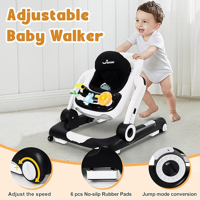 5 in 1 Baby Walker, Activity Baby Walker-Baby Bouncer, Rocker, Activity Center,Seat and Push Walker,Detachable Trampoline Mat, Adjustable Speed Rear Wheels and Height,Ages 6-18 Months (Black)