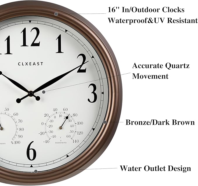 CLXEAST Indoor Outdoor Clocks Waterproof 16 Inch, Large Outdoor Clock Thermometer Combo& Hygrometer,Bronze/Dark Brown Finish,House Warming Gifts New Home