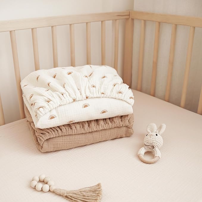 Konssy Muslin Crib Sheets for Boys, Soft Cotton Neutral Baby Sheets for Standard Crib Mattress 2 Pack, 52"x28" (Camel, Sun)