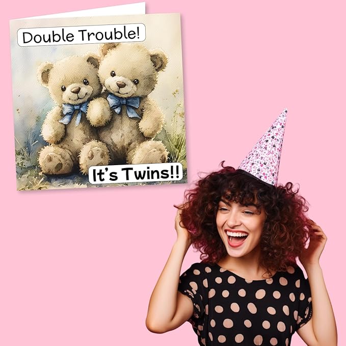 Congratulations Card For New Baby Twins - Double Trouble - Newborn - Funny and Playful - Teddy Bear Design - Birth, Baby Boy, Baby Girl - For New Parents, New Grandparents