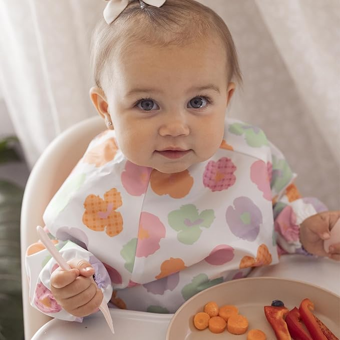 Tiny Twinkle Mess Proof Baby Bib,Waterproof Smock Baby Bib for Eating,Machine Washable Long Sleeve Bib,Baby Led Weaning,Toddler Bib (Floral Pop, Small 6-24 Months)
