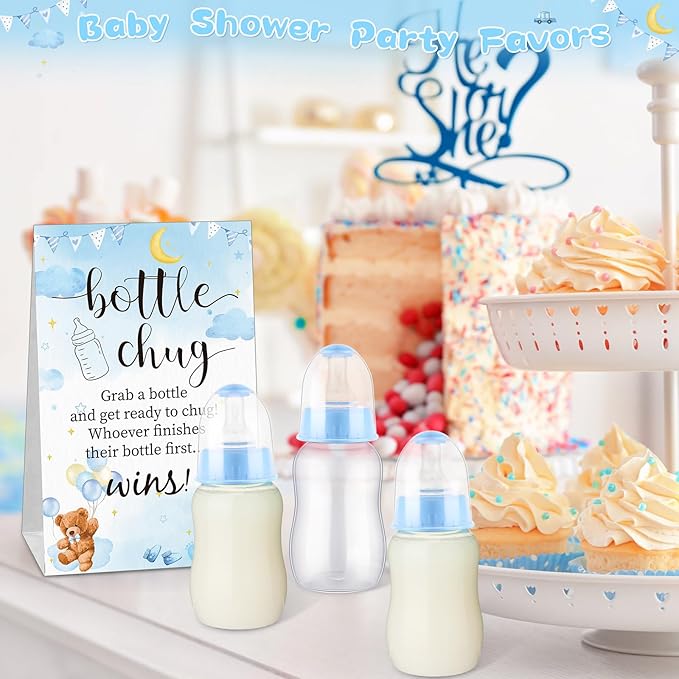 TrelaCo Bottle Chug Baby Shower Game 20 Pcs Baby Bottles Shower Favor with 1 Cute Bear Theme Sign for Gender Reveal Party Supplies Gifts(Blue)