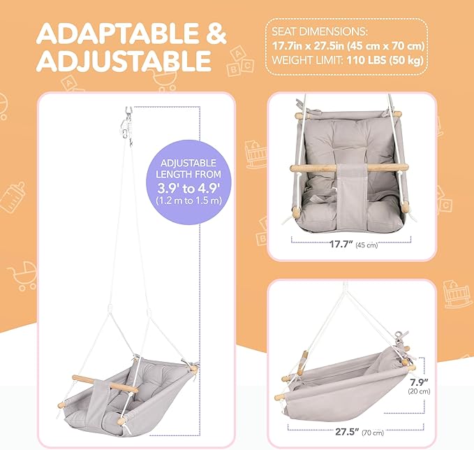 CaTeam Canvas Toddler Swing – Indoor/Outdoor Hanging Chair for Patio & Playroom with Safety Belt – Wooden Baby Seat for Ages 12+ Months – Taupe Gray