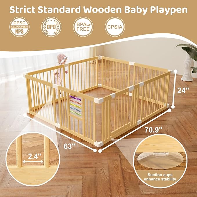 Baby Playpen with Gate, Wooden Playpen for Babies and Toddlers, Baby Play Yard with Colorful Acrylic Beads, Baby Fence Play Area with Suction Cups, Extra Large Play Pen Area Indoor(71 * 63 * 24Inch)