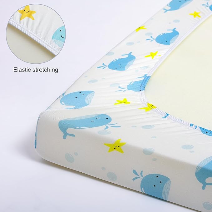 Pack n Play Flat Sheet 2 Piece Mini Crib Sheet Elastic Playard Sheet Set Portable Sheet Set Elastic Convertible Playmat Compatible Graco Pack n Play (Owl and Tree Bag) (Whale & Hedgehog)