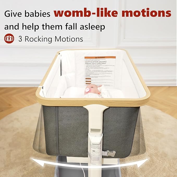 Rocking Bassinet for Baby Electric Automatic Bedside Sleeper Rocks Itself 3 Motion Auto Rolling Newborn Cradle 5 Height Adjustable with Music, Wheels, Storage, Dark Grey