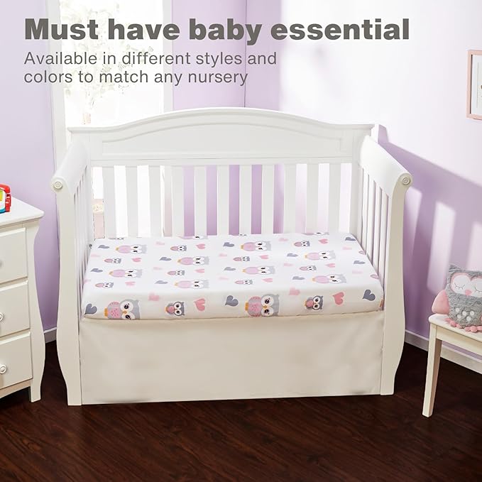 EVERYDAY KIDS Baby Girl Fitted Crib Sheet Sweet Owls, 100% Soft Breathable Microfiber Baby Sheet, Fits Standard Size Crib Mattress 28in x 52in, Nursery Sheet
