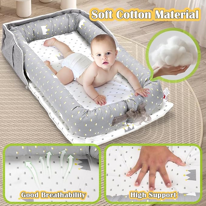 Infant Lounger, Baby Nest for Newborns, Portable Breathable Baby Lounger Adjustable U-Shaped Safety Bumper for Cozy Comfort - Crown Ash