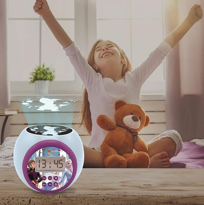 LEXIBOOK, Projector Clock Disney Frozen 2 Anna Elsa with Snooze Alarm Function, Night Light with Timer, LCD Screen, Battery Operated, Blue/Purple, RL977FZ