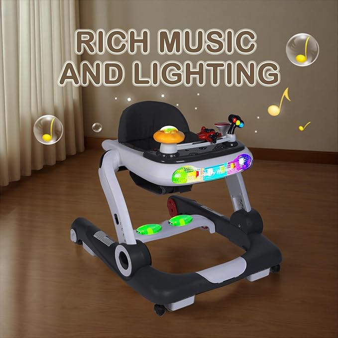 Kinder King Baby Walker with Music & Lights, 5 in 1 Baby Bouncer Activity Walker, Adjustable Height & Seat, Learning-Seated & Toddler Walk-Behind, Safety Bumper, Infant Walker Anti-Rollover, Grey