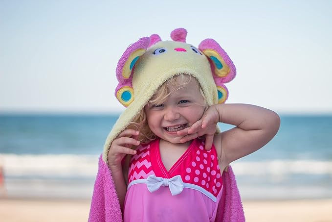 Hooded Baby Towel for Kids 2-8 | Large 100% Cotton Baby Towel for Girls | Cute Butterfly Bath Towels for Babies and Toddlers in Hot Pink and Yellow
