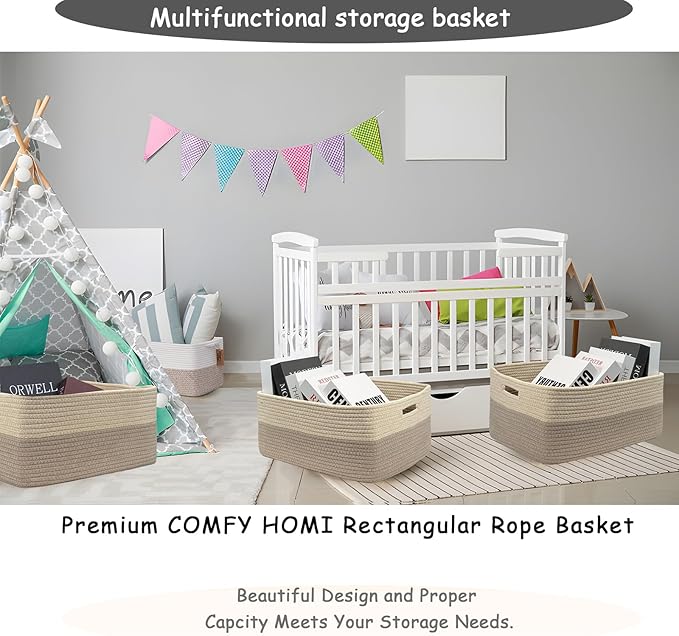 COMFY-HOMI 3 pcs Large Storage Baskets for Shelves, Laundry Basket, Woven Rope Basket, Closet Organizer Bins for Clothes Blanket Towels, Baby Nursery, Gift Toy Baskets, 17” x 13” x 7.5”-Beige brown