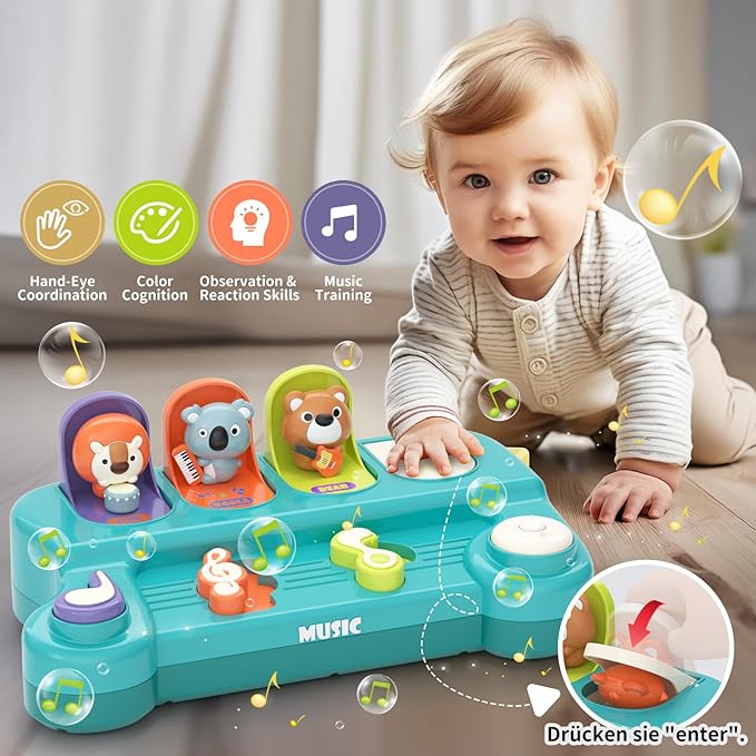 Montessori Toys for 1 Year Old Boy Girl, Early Learning Baby Musical Toys 6-9-12-18 Month, Cause & Effect Interactive Pop up Animal Toy with Music, STEM Birthday Gift for Toddler Toys Age 1-2