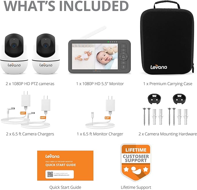 Levana Nala 5.5" HD Video Baby Monitor, 2 1080P Night Vision PTZ Cameras, 22 Hour Battery Life, 5000mAH Battery, No WiFi, Two-Way Talk, 1000ft Range, Carrying Case, 2 Year Warranty
