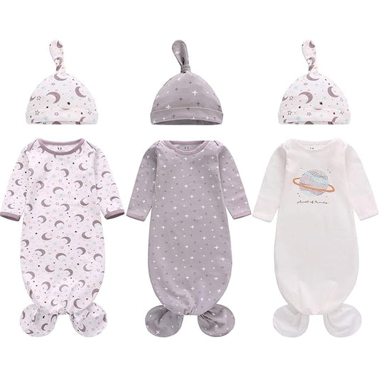 Newborn Knotted Nightgown Long Sleeve with Matching Hat Set 3 Pack, Cotton Baby Sleeper Gowns Sleeping Bags Home Outfits Set with Mitten Cuffs for Boys Girls (Moon + Star + Planet, 6-12 Months)