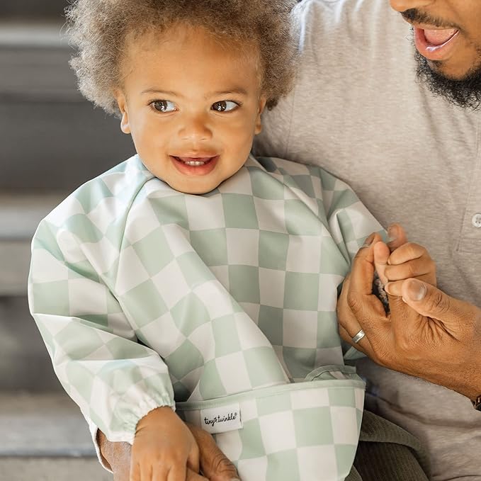 Tiny Twinkle Mess Proof Baby Bib,Waterproof Smock Baby Bib for Eating,Machine Washable Long Sleeve Bib,Baby Led Weaning,Toddler Bib,BLW Supplies(Checkers Sage, Small 6-24 Months)