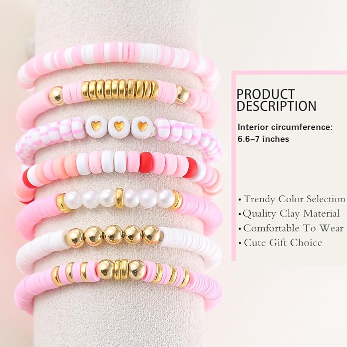 Friendship Bracelets Trendy Heishi Clay Bead Bracelets Stack Gold Beaded Stretch Bracelets for Women Boho Stackable Bracelets Bulk Cute Preppy Jewelry