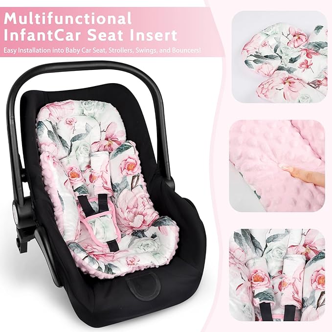 Pea Pod Infant Car Seat Insert with 3 Strap Covers, 3 in 1 Reversible Flower Baby Car Seat Head Support for Newborn, 3D Soft Minky Carseat Cushion for Preemie to Infant, Stroller, Swing, Bouncer