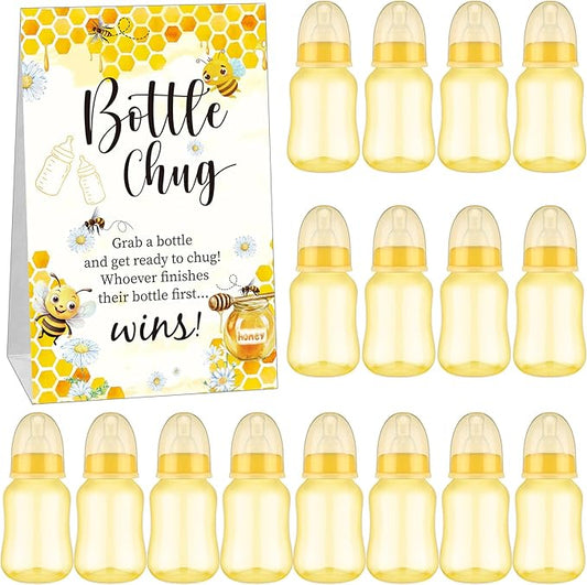 TrelaCo Bottle Chug Baby Shower Game 20 Pcs Baby Bottles Shower Favor with 1 Bee Theme Sign for Gender Reveal Party Supplies Gifts(Yellow)