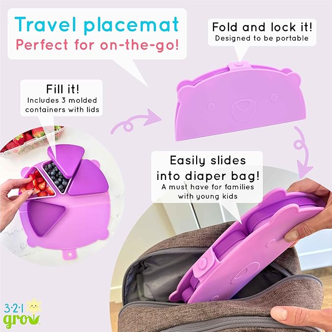 On-The-Go Snack Mat – Baby Silicone Travel Dining Placemat – Portable Silicone Toddler Plate – Reusable Snack Container with 3 Compartments and Lids for 6 Months + (Plum)