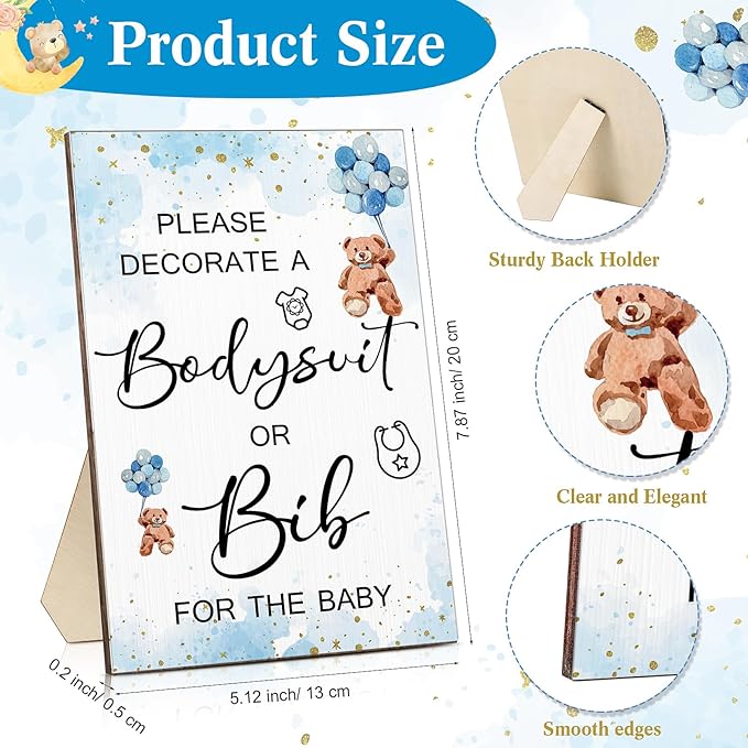 Roowest 35 Pcs Baby Shower Bibs Games Design Wooden Baby Shower Party Game Sign DIY Bodysuit Sign 15 White Blank Feeder Bibs 9 Newborn Bodysuit 10 Markers for Boys Girls(Bear)