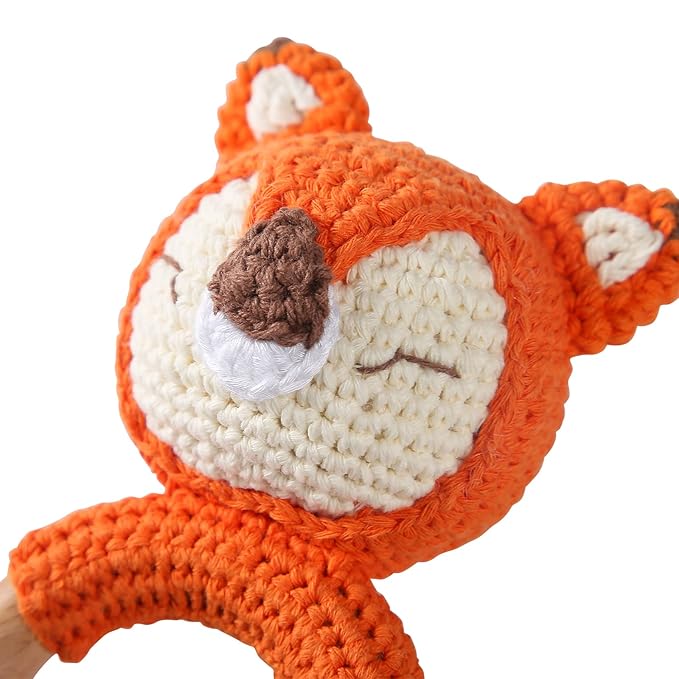 Wooden Baby Rattle Crochet Fox Baby Toys Handmade Newborn Toy Early Development Grips Stuffed Animal Organic Rattle