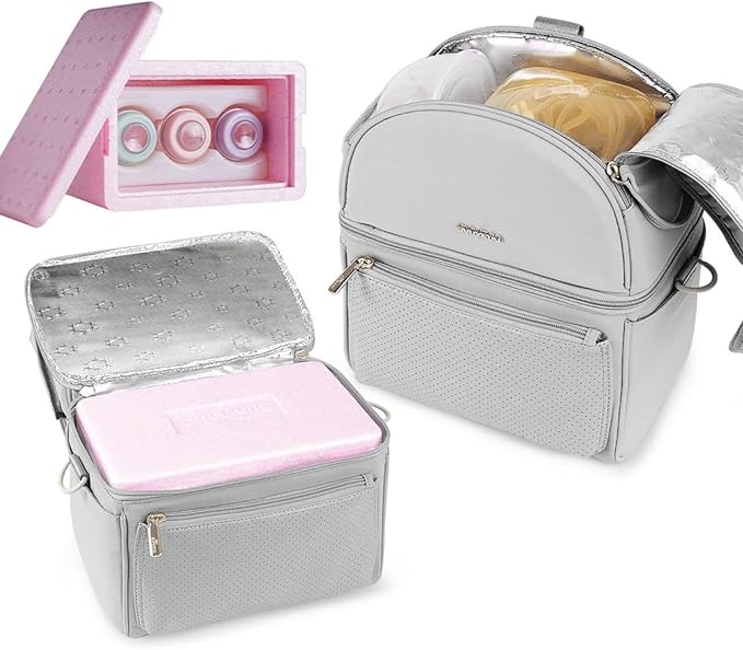 Sunveno Breastmilk Cooler Bag with 2 Ice Packs & Detachable EPP Insulation Box, 15-Hour Cold Retention Foil-Lined Leak-Proof Tote Fits 3 baby Bottles for On-The-Go Pumping Moms, Daycare & Travel,Grey