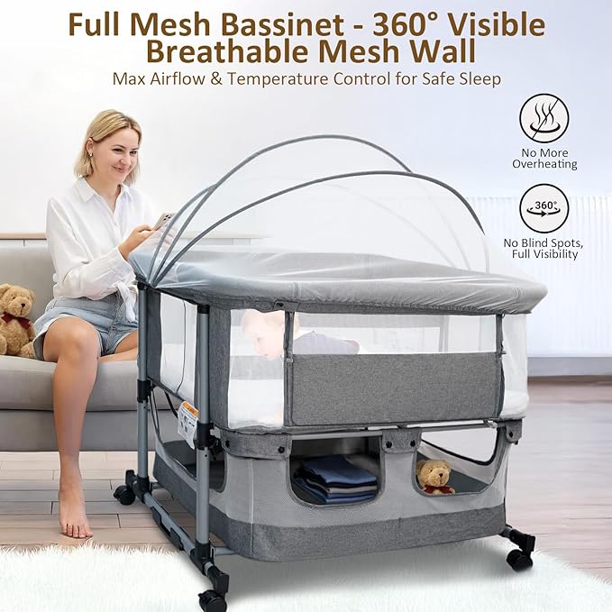 Twin Bassinet for 2 Babies, Double Bassinet for Twins, Rocking Bassinet with Wheels and Storage Basket, Full-Mesh Sides, 5-Height Adjustable, Portable and Stable Baby Crib (Standard Grey)