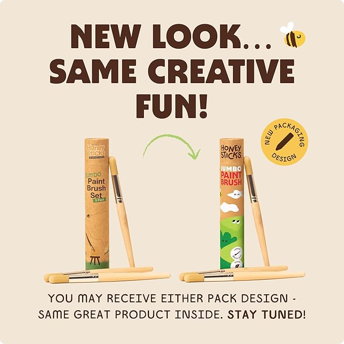 Honeysticks Jumbo Paint Brush Set - 3 Pack. Jumbo Paint Brushes for Kids with a Large Wood Handle for Easy Grip. Perfect for Toddler and Preschool Painting. Handy Storage Container. Vegan.
