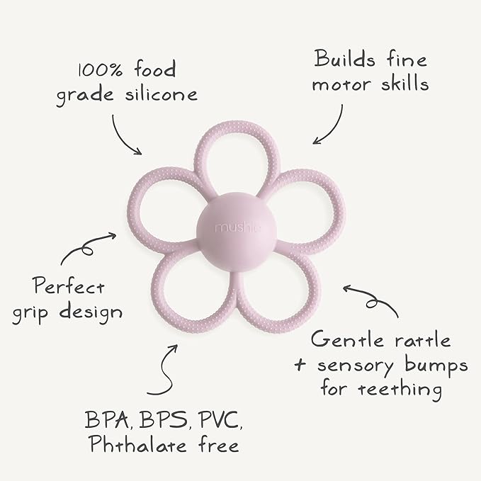 mushie Silicone Baby Daisy Rattle Teether Toy (Soft Lilac)