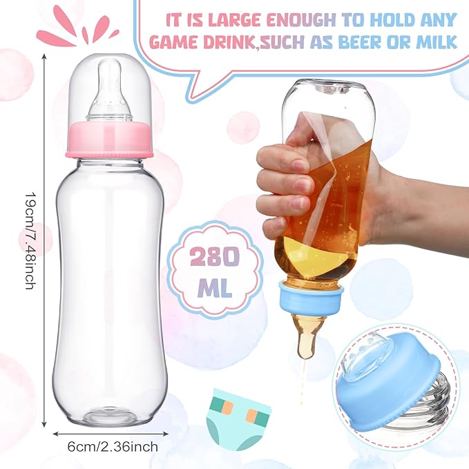Hushee 12 Sets Funny Plastic Bottle Chug Baby Shower Games Diaper Baby Shower Game Gender Reveal Race Gifts Decoration for Adults Boys Girls (Colorful)