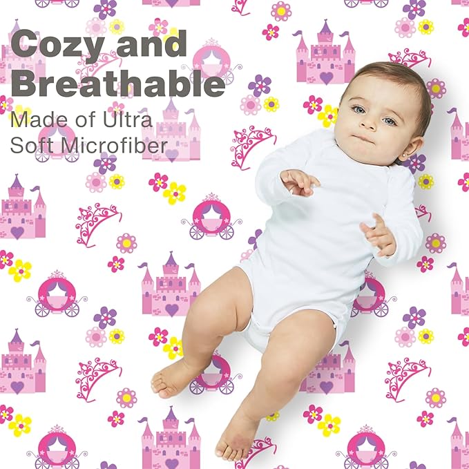 Baby Girl Fitted Crib Sheet Princess Storyland, 100% Soft Breathable Microfiber Baby Sheet, Fits Standard Size Crib Mattress 28in x 52in, Nursery Sheet