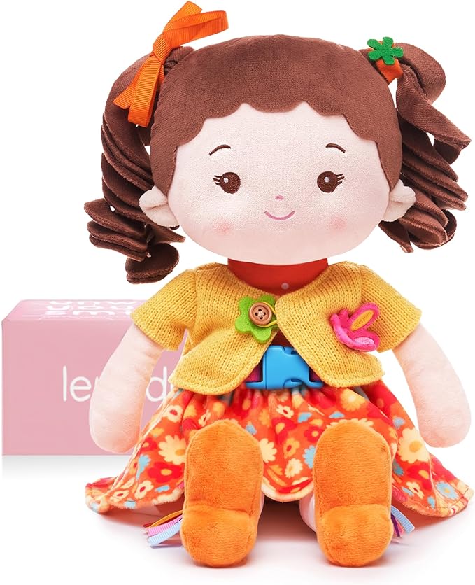 Learning Sensory Doll for Toddlers, Montessori Toys for 2-Year-Old Girls Christmas, Birthday Gifts, Plush Doll with Zipper, Shoelace, Button-Busy Flora Girl