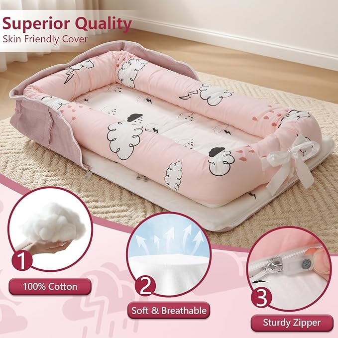 Baby Lounger for Newborn to Toddler 0-24 Months - Portable Infant Lounger with Breathable Cotton, Adjustable Size & Lengthen Space Travel Strap for Home, Outdoor (3. Cloud)