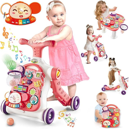 Baby Walker 5 in 1,VATOS Sit-to-Stand Learning Walker,Assemble as Scooter/Balance Bike/Push Walker/Activity Table/Detachable Panel,Push Walkers Toys with Music for Toddlers Infant Boys Girls