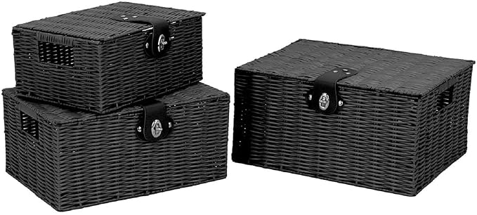Set of 3 Woven Storage Basket Box Wicker Hamper Stackable Bin with Lid & Lock, Built-in Carry Handles, Organizer for Nursery, Baby Closet, Diaper, Toys, Home, Office, Laundry, DVD (Black)