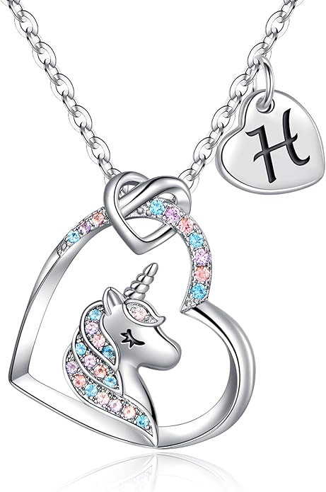 Hidepoo Unicorn Necklace Gifts for Girls Daughter - Colorful CZ Heart Pendant Initial Unicorn Necklaces for Girl Teens Little Girls Jewelry Birthday Gift