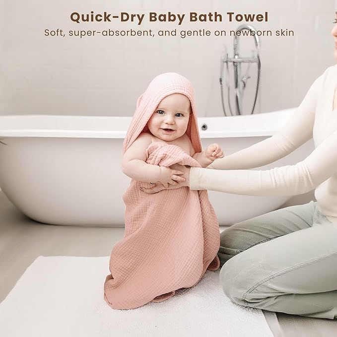Konssy 2-Pack Muslin Hooded Baby Towels, 100% Cotton, Ultra-Soft & Absorbent Baby Bath Towels with Hood for Newborn & Infant (Pink, Floral,30" x 30")