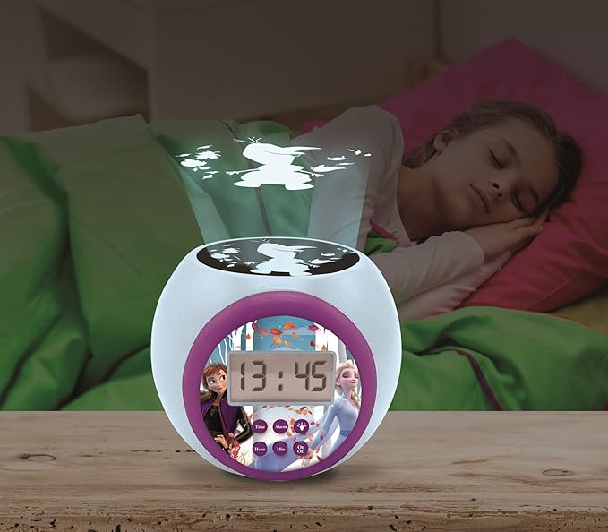 LEXIBOOK, Projector Clock Disney Frozen 2 Anna Elsa with Snooze Alarm Function, Night Light with Timer, LCD Screen, Battery Operated, Blue/Purple, RL977FZ