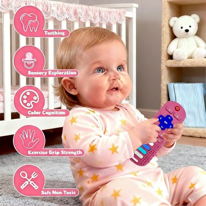 Baby Teether Toy,TV Remote Control Shape Teething Relief Chew Toy for Infants 3-24 Months, BPA Free, Pink