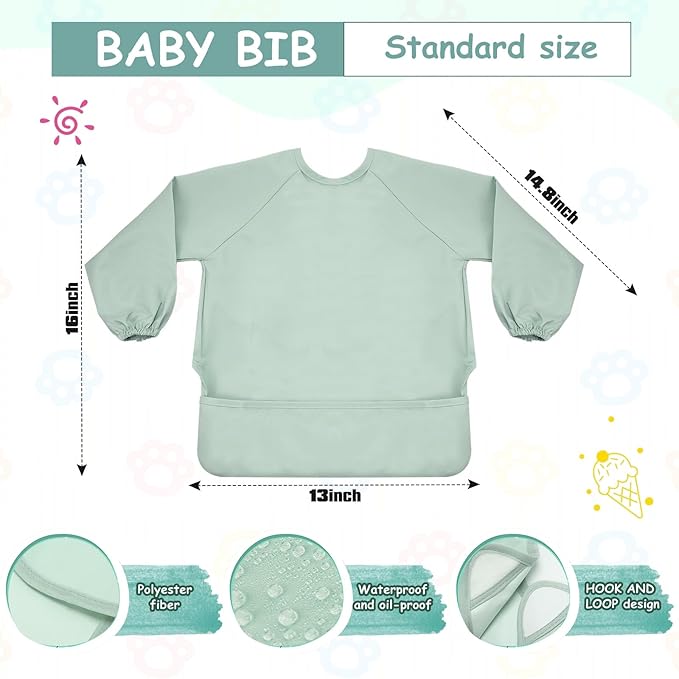 Jeyiour 6 Pack Long Sleeve Baby Bibs Mess Proof Bib Washable Feeding Bib Waterproof Smock Bib for Infant Toddler 6-24 Months