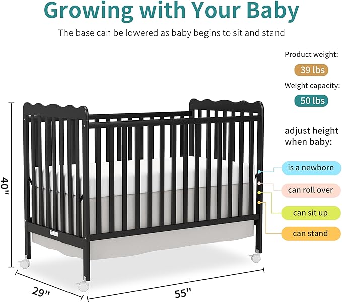 4 in 1 Convertible Baby Crib, Wooden Nursery Cribs Converts into Toddler Bed and Daybed, 3 Adjustable Base, Non-Toxic Finishes, Removable Wheels (Black)