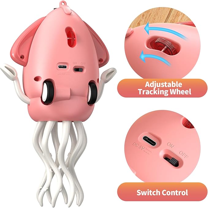 Interactive Dancing Octopus Toy, LED Light-Up Music Crawling Squid with Smart Obstacle Avoidance & Fishing Rod,Tummy Time Baby Toy, Musical Toy for 3 4 5 6 Year Old Boys and Girls(Red)