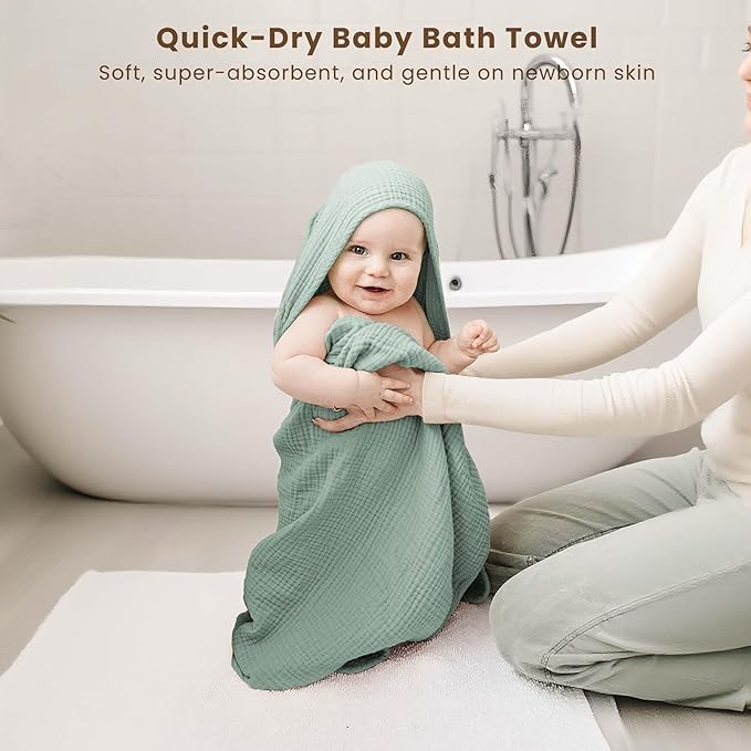 Konssy 2-Pack Muslin Hooded Baby Towels, 100% Cotton, Ultra-Soft & Absorbent Baby Bath Towels with Hood for Newborn & Infant (Green, Leafy,30" x 30")