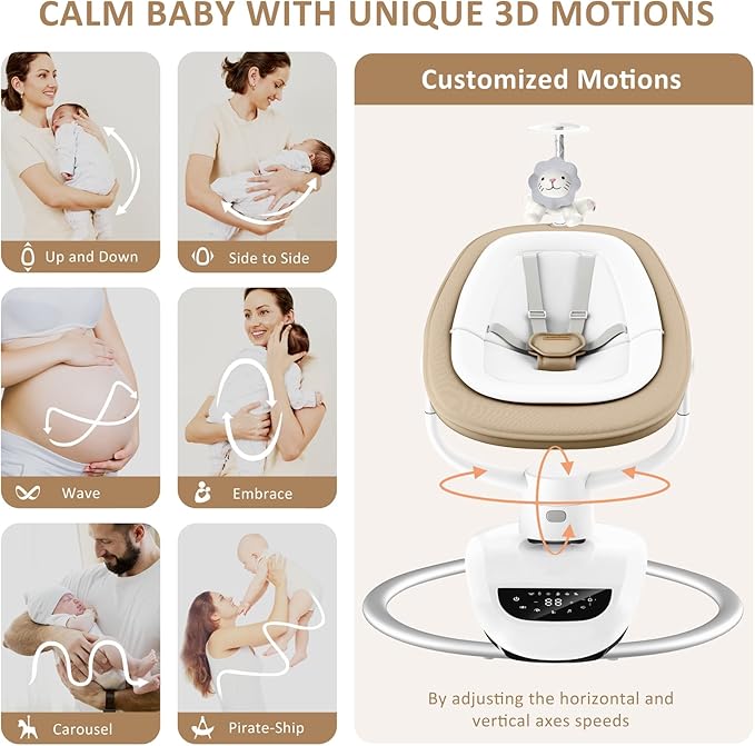 Angelbliss Baby Swing with Custom Motion, 3D-Motion Electric Swing with 6 Unique Motions & 4-Speeds, Bluetooth Enabled, 13 Preset Lullabies (Beige)