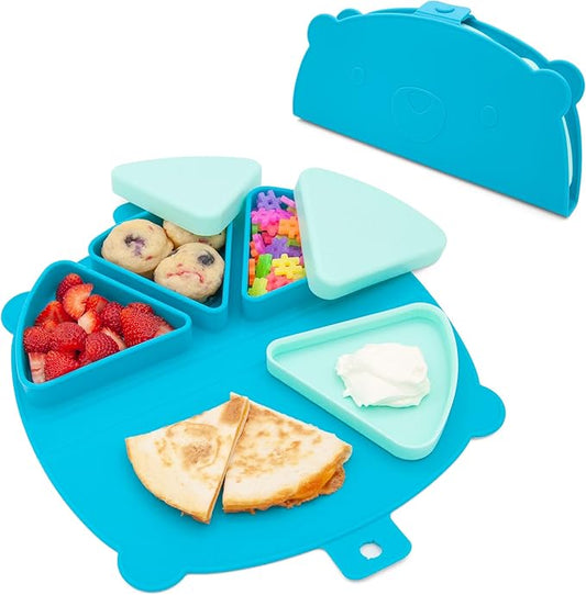 On-The-Go Snack Mat – Baby Silicone Travel Dining Placemat – Portable Silicone Toddler Plate – Reusable Snack Container with 3 Compartments and Lids for 6 Months + (Ocean)