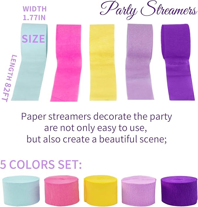Pink Blue Purple Crepe Paper Streamers Birthday Party Decorations (5 Rolls)- Hot Pink Teal Yellow Purple Multicolor Paper Crafts for Baby Shower, Wedding, Magic Rainbow Colorful Party Supplies Decor
