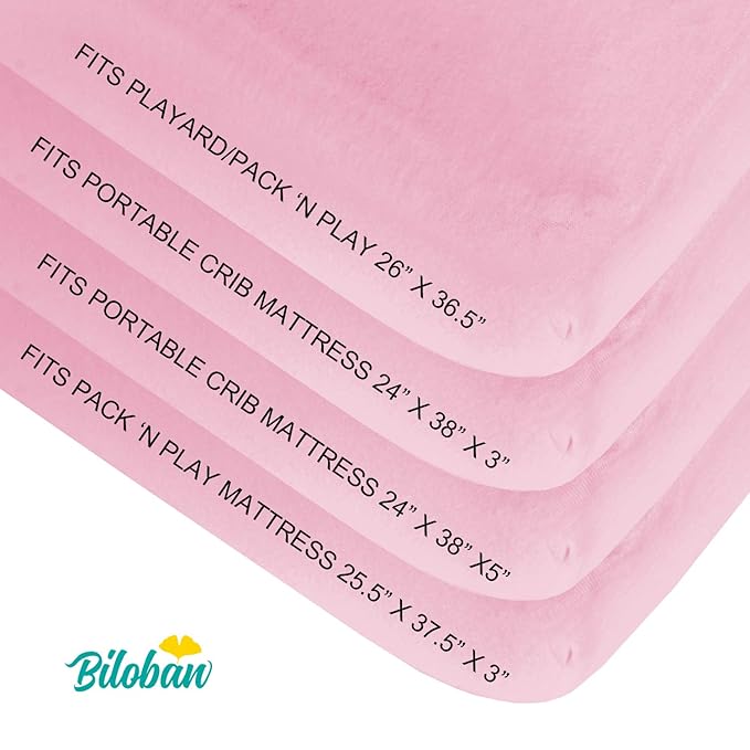 Biloban Pack and Play Sheets Fitted, 2 Pack Pack and Play Sheet Fits for Graco Pack n Play Mattress, Neutral Playard Sheets for Baby Boys and Girl, White & Pink, 38”X 26”